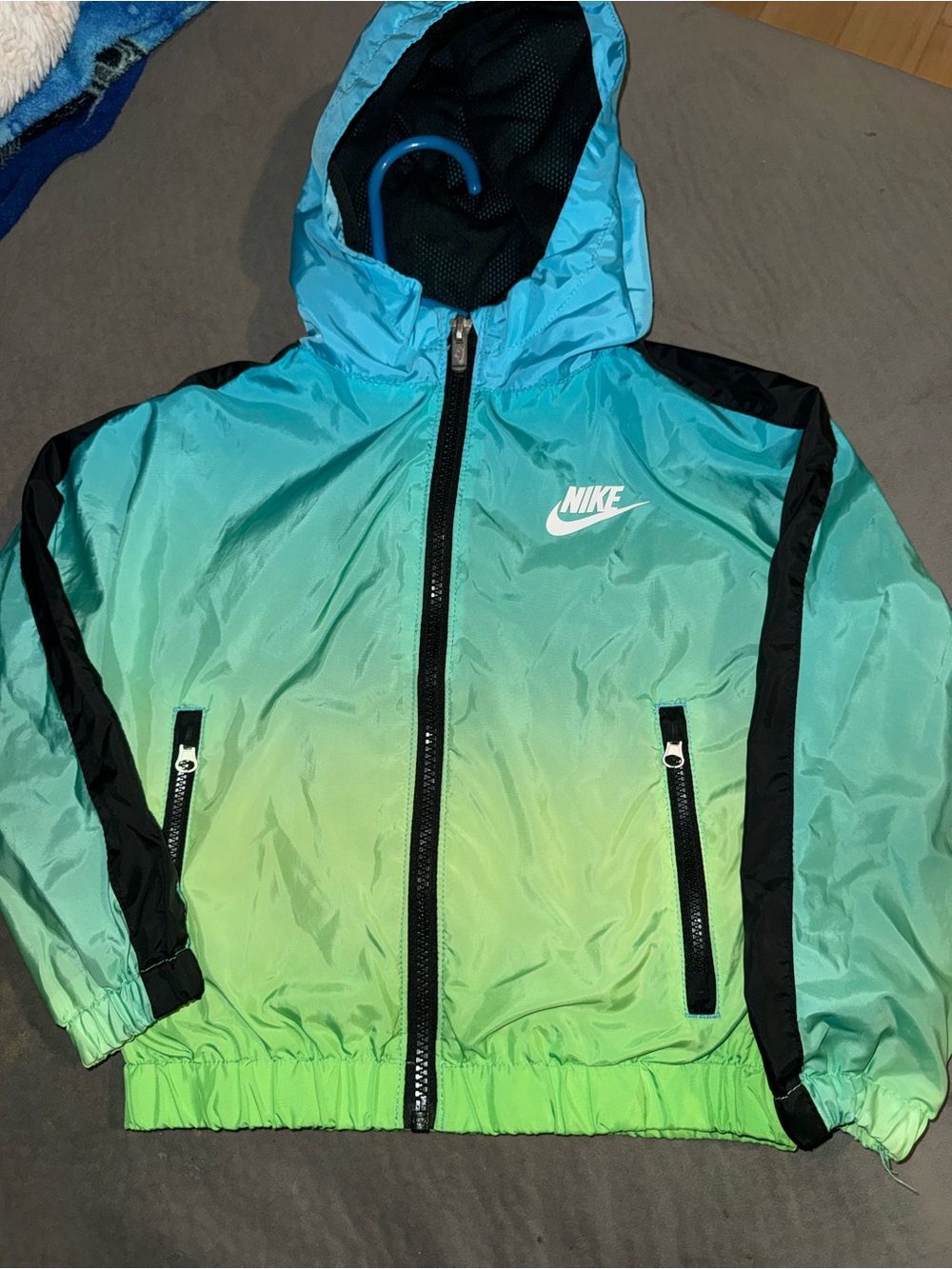 Nike Kids' Blue to Green Gradient Hooded Windbreaker Jacket with Black Trim